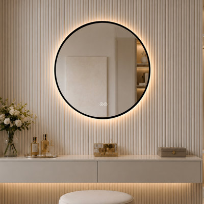 Miroir mural décoratif rond de 71 cm (28 po) avec cadre en aluminium noir, éclairage DEL à intensité variable et traitement antibuée, fixation murale