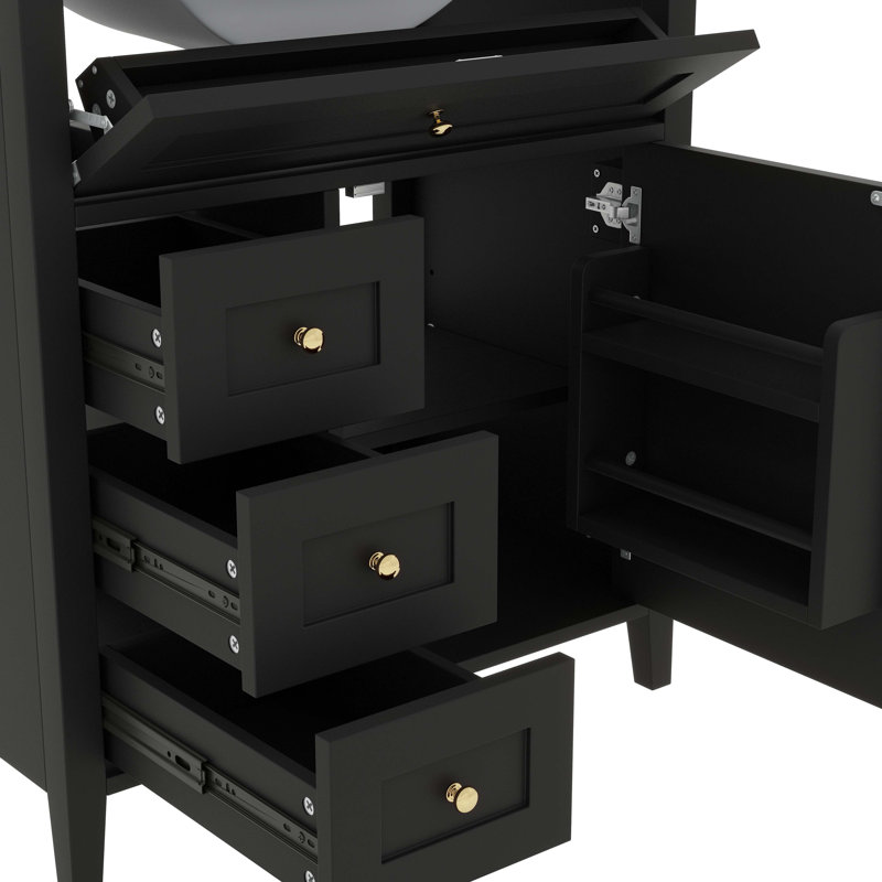 Meuble-lavabo autoportant de 30 pouces avec lavabo, 3 tiroirs à gauche, armoire à droite avec tablettes réglables, panneau de fibres à densité moyenne moderne et fabrication en bois d'hévéa