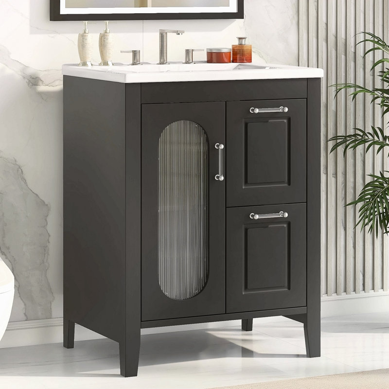 Meuble-lavabo 24 po avec lavabo, meuble-lavabo avec deux tiroirs et porte, tablette réglable, bois massif et panneau de fibres à densité moyenne