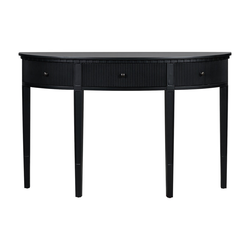 Console minimaliste noire avec tiroirs à rayures verticales et quatre pieds en pin massif pour un espace de vie élégant
