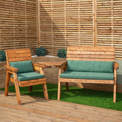 3 Seater Chunky Rustic Wooden Garden Furniture Set with Angled Tray & Green Cushions