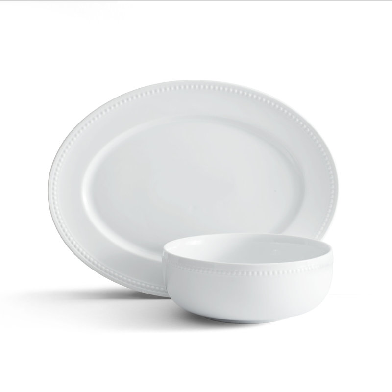 Fitz and Floyd Everyday White Beaded 2-Piece Serving Bowl and Platter Set