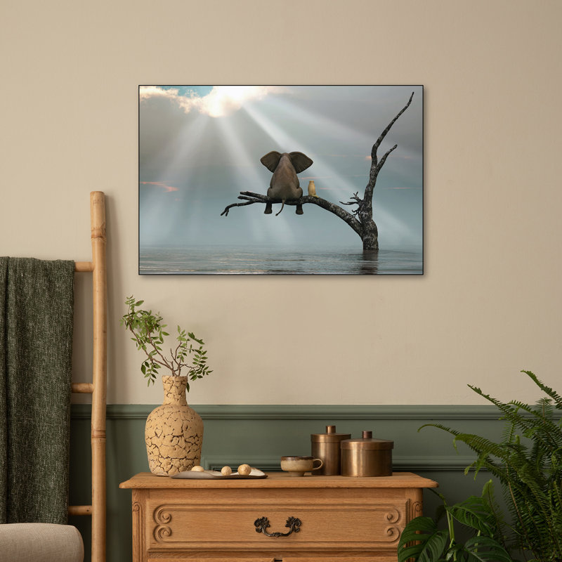 Reproduction d'art sur toile Stepreix - éléphant et chien assis sur un arbre fuyant une inondation