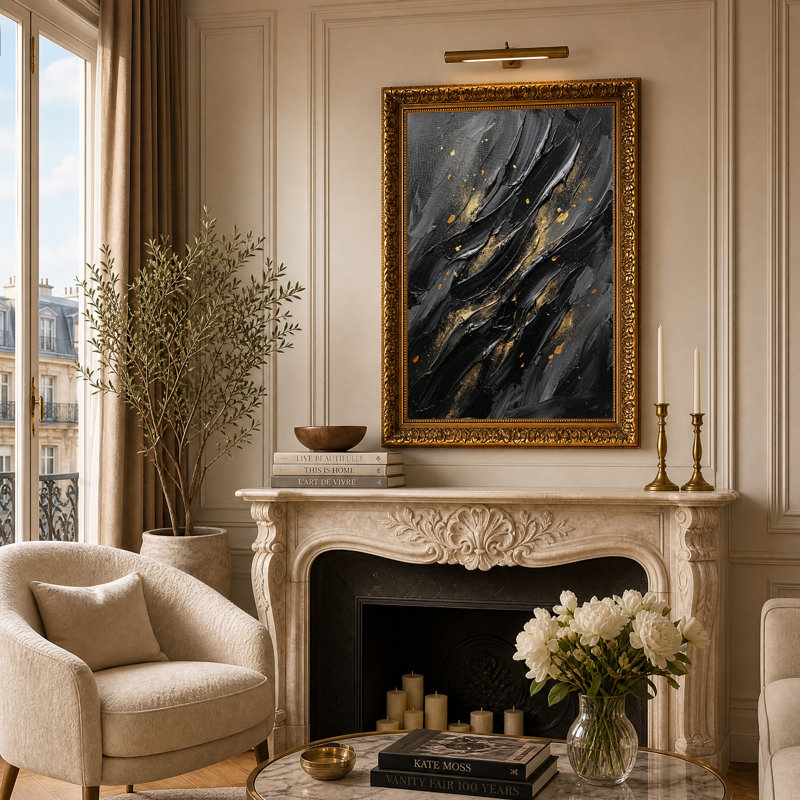 Tableau abstrait à coups de pinceau noirs et or sur toile, H 24 po x l 16 po