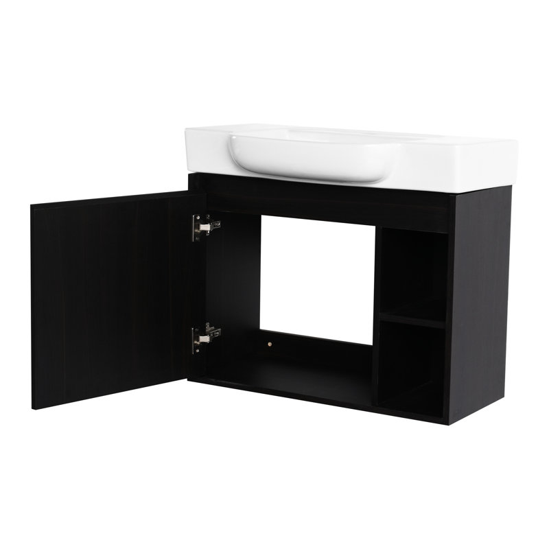 Meuble-lavabo mural blanc en céramique 28 po avec aspect chêne foncé, mécanisme de fermeture en douceur, 45 poignées cachées, armoire à une porte, deux tablettes ouvertes, finition à l'eau, fonction, design,