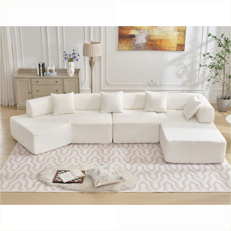Canapés modulaires | Canapé modulaire en L 140 po à 4 places pour salon, Boucle minimaliste moderne avec méridienne | blanc cassé | Polyester