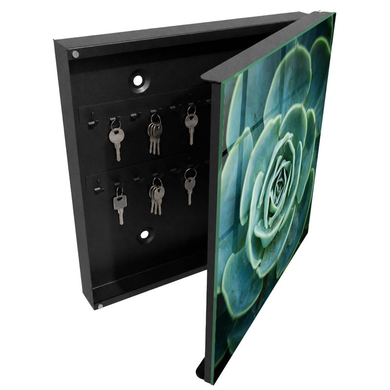Key box for home, Opens to the left, 30x30x5, Black, A green rosette perfect for relaxation, 