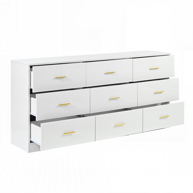 Commode moderne à 9 tiroirs avec poignées dorées, rangement moderne et construction durable pour une utilisation polyvalente à la maison