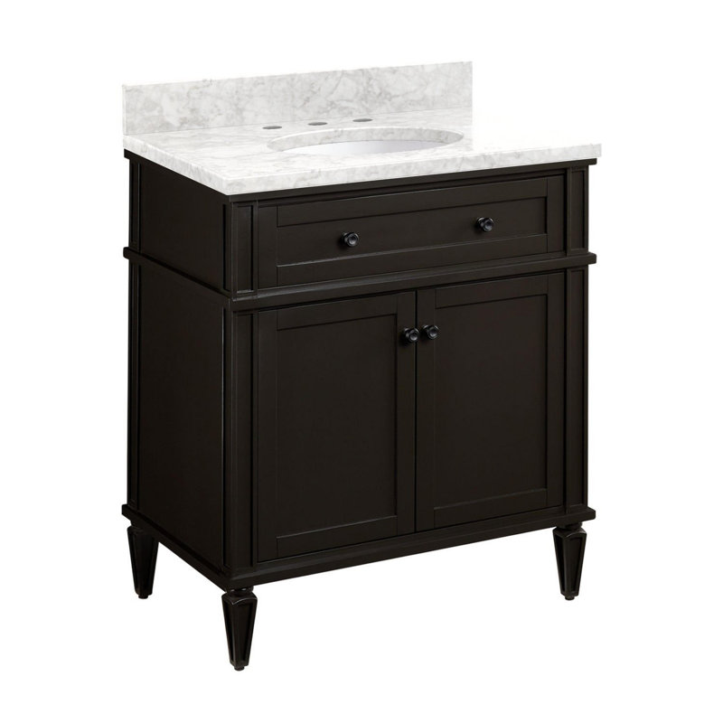 Elmdale 30" Freestanding Mahogany Single Basin Vanity Oval Undermount Sink, 8" Centers, Charcoal Black, Carrara Marble