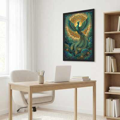 Toile noire encadrée en bois noir pour salon, chambre à coucher, bureau ou vestibule - décoration murale décorative avec mandala Phoenix