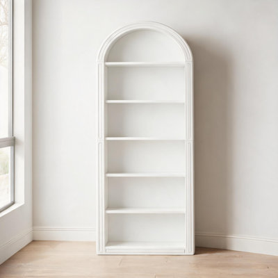 Bibliothèque à 6 niveaux en MDF blanc et chêne épuré, grande tablette de rangement pour l'organisation et la décoration de la maison, silhouette élégante en forme d'arche
