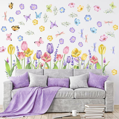 6 Sheets Large Spring Flower Wall Stickers Lavender Butterfly Ladybug Wall Decals Spring Flower Wall Clings Art Garden Stickers Flower Wall Decorations For Home Living Room Bedroom