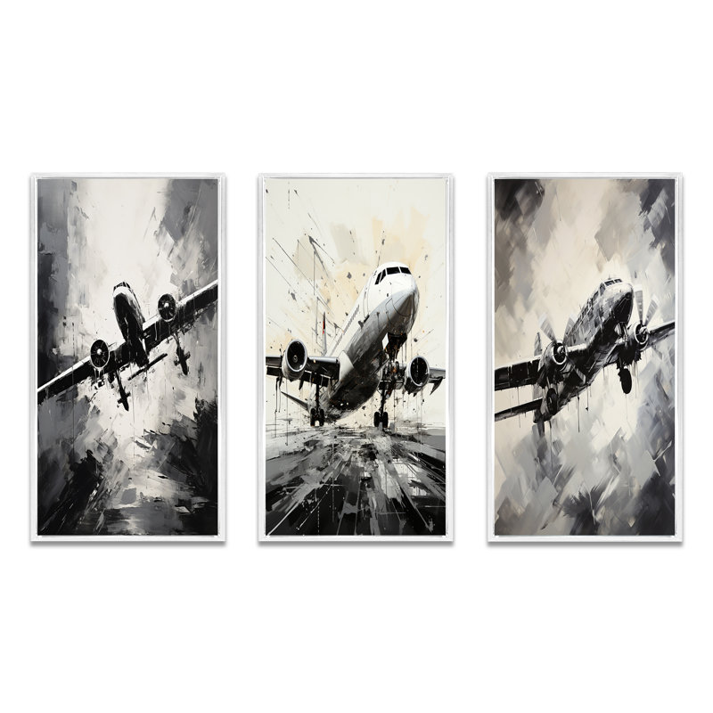 «Avion monochromatique planant» - 3 pièces, Cadre flottant blanc, H 32 po x l 48 po