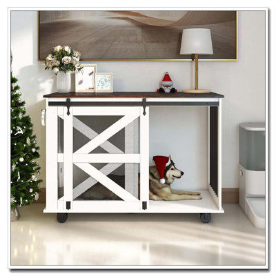 Mobile Dog Crate Flip-Top Feeding Door Dual-Access Caster System Side Hooks