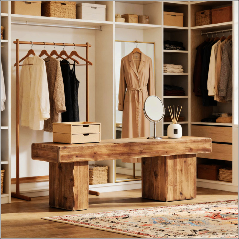 Rustic Fir Wood Hall Bench With Thick Top And Asymmetrical Legs For Versatile Seating And Decor, Rustic Brown