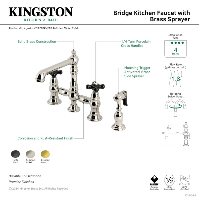 Kingston Brass Duchess Two-Handle 4-Hole Deck Mount Bridge Kitchen Faucet with Brass Side Sprayer, Brushed Brass