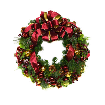 32" Evergreen Wreath With Berries, Ornaments And A Velvet Bow