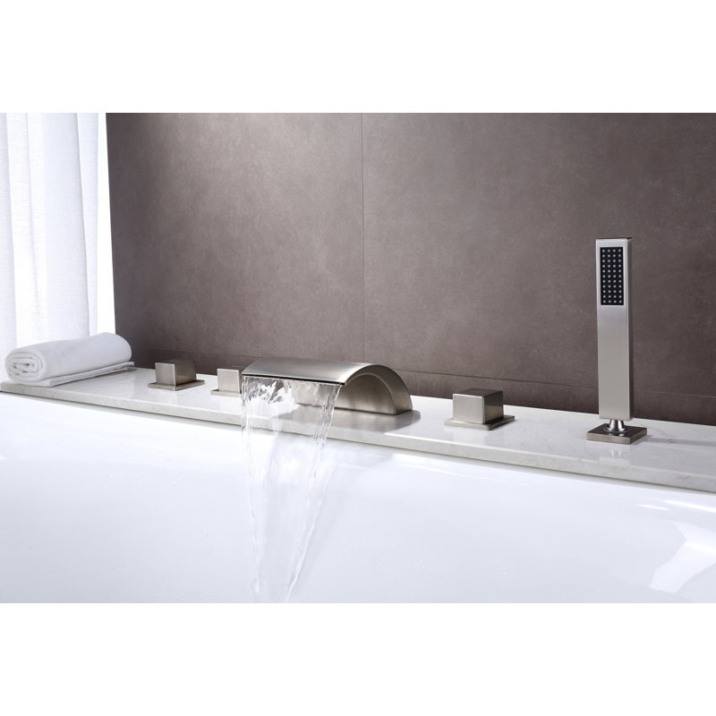 High Flow Deck Mount Roman Tub Faucet with Elegant Waterfall Spout, Contemporary Three-Knob Five-Hole Bathtub Faucet with Hand Shower, Brushed Nickel