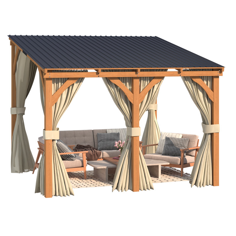 Pergolas et abris de jardin extérieurs en bois à toit rigide avec rideaux et moustiquaire, H 96,5 po x l 117 po x P 115 po