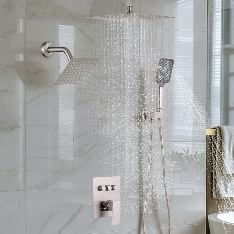 Shower Faucet Set, 12 Inch Ceiling Mount Rainfall Shower System with 6 Inch Wall Mount Head and 4 in 1 Handheld Spray, Rotatable 3-Function Dual Rain Head Brass Valve & Trim Kit, Brushed Nickel
