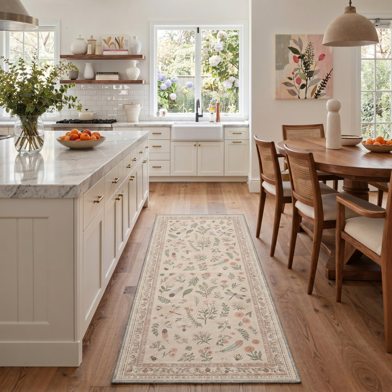 Adonis Aura Flora Boho Machine Washable Beige / Green Indoor Area Rug with Non-Slip Backing, Runner 2'6" x 8'