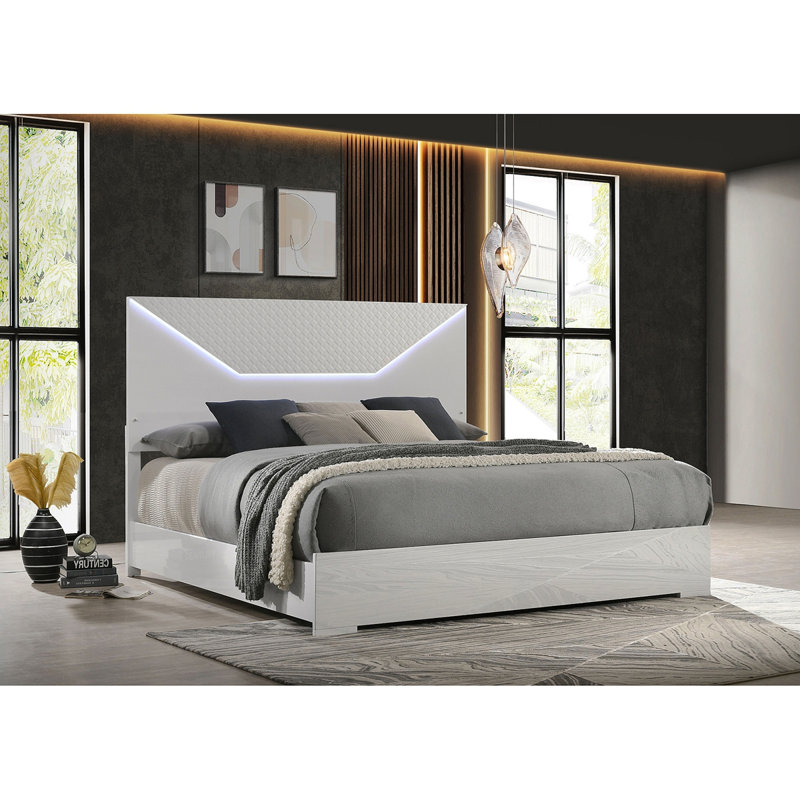 Pierce White High Gloss LED Headboard Eastern King Panel Bed