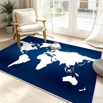 Blue Machine Washable,Navy World Map and Colors Earth Globe Indoor Area Rug