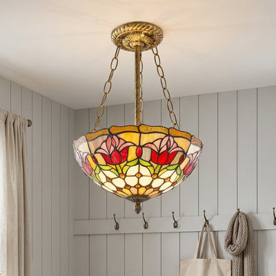 2 - Light Vintage Floral Tiffany Stained Glass Shade Chandelier (Bulb Include)