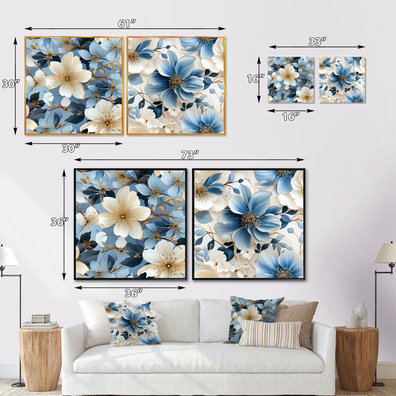 Ensemble de 2 ensembles de collage floraux carrés anglais, H 16 po x l 33 po, Cadre flottant doré