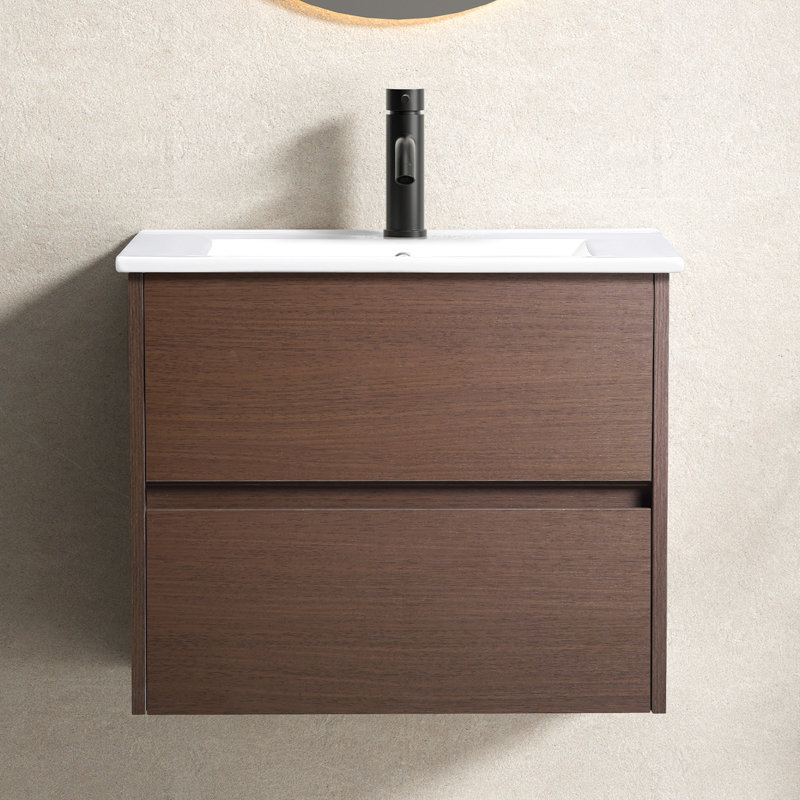 Meuble-lavabo de 61 cm (24 po) avec rangement suspendu en contreplaqué, lavabo en porcelaine cuite à 1280 °C, tiroirs à ouverture et fermeture fluides, profondeur de 57,2 cm (22,52 po), hauteur de 61 cm (24 po), en céramique à base d'argile, surface en marbre reconstitué