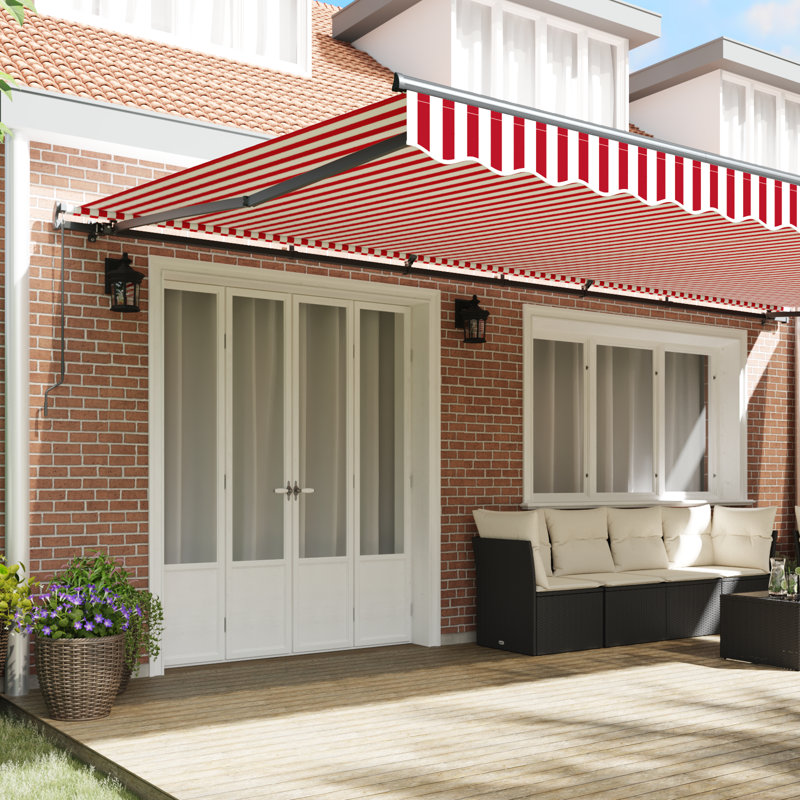 Brayden Studio Retractable Patio Awning, Red/White Striped, 600 cm W x 300 cm D