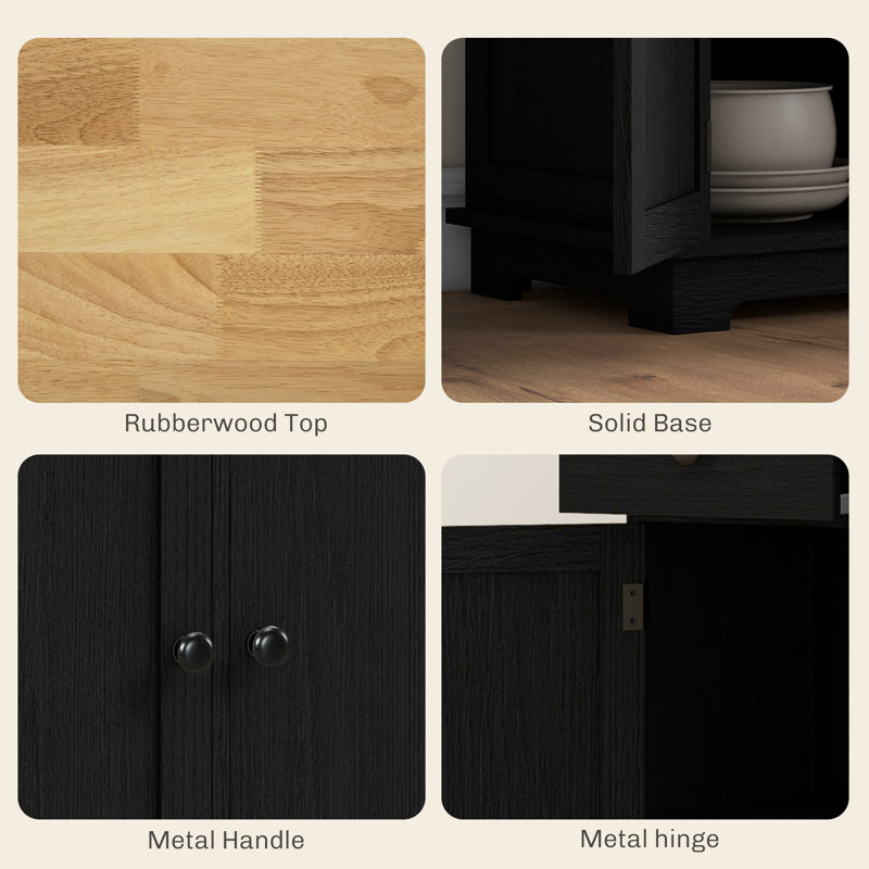 Kitchen Storage Cabinet, Sideboard Floor Cupboard With Solid Wood Top, Adjustable Shelf, And 3 Drawers, Black Wood Grain