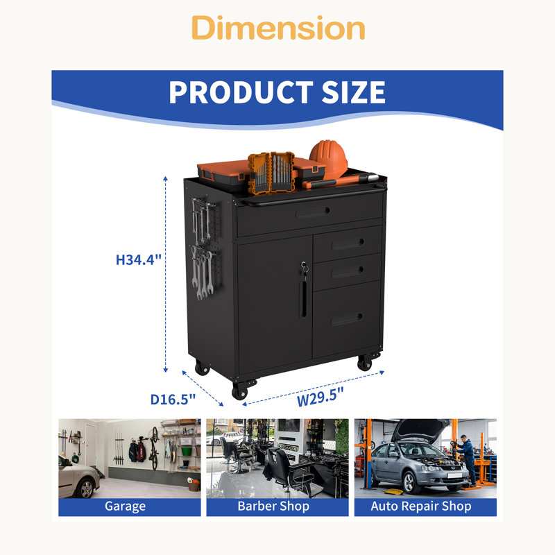 34.3" Mobile Tool Storage Cabinet - Garage Organizer With Lockable Compartment & 4 Drawers, Rolling Steel Chest For Workshop And Home Garage