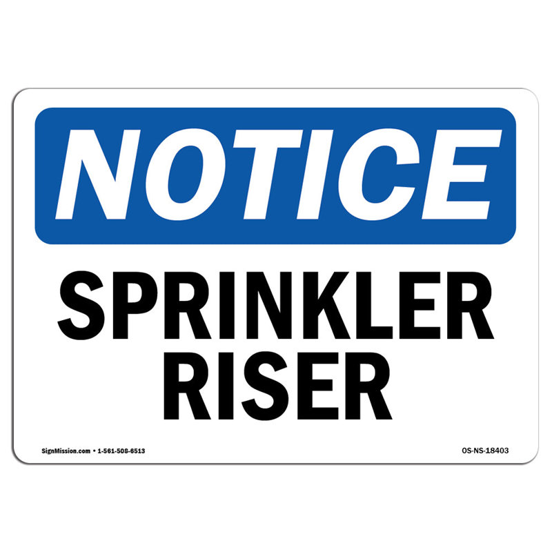 Plaque en aluminium Sprinkler Riser 12 x 18