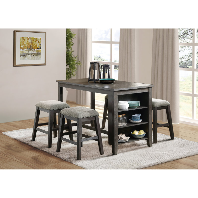 Chaise de salle à manger à hauteur de comptoir pour 2 personnes, revêtement en chenille gris brossé, garniture cloutée en bois 2, finition brossée,