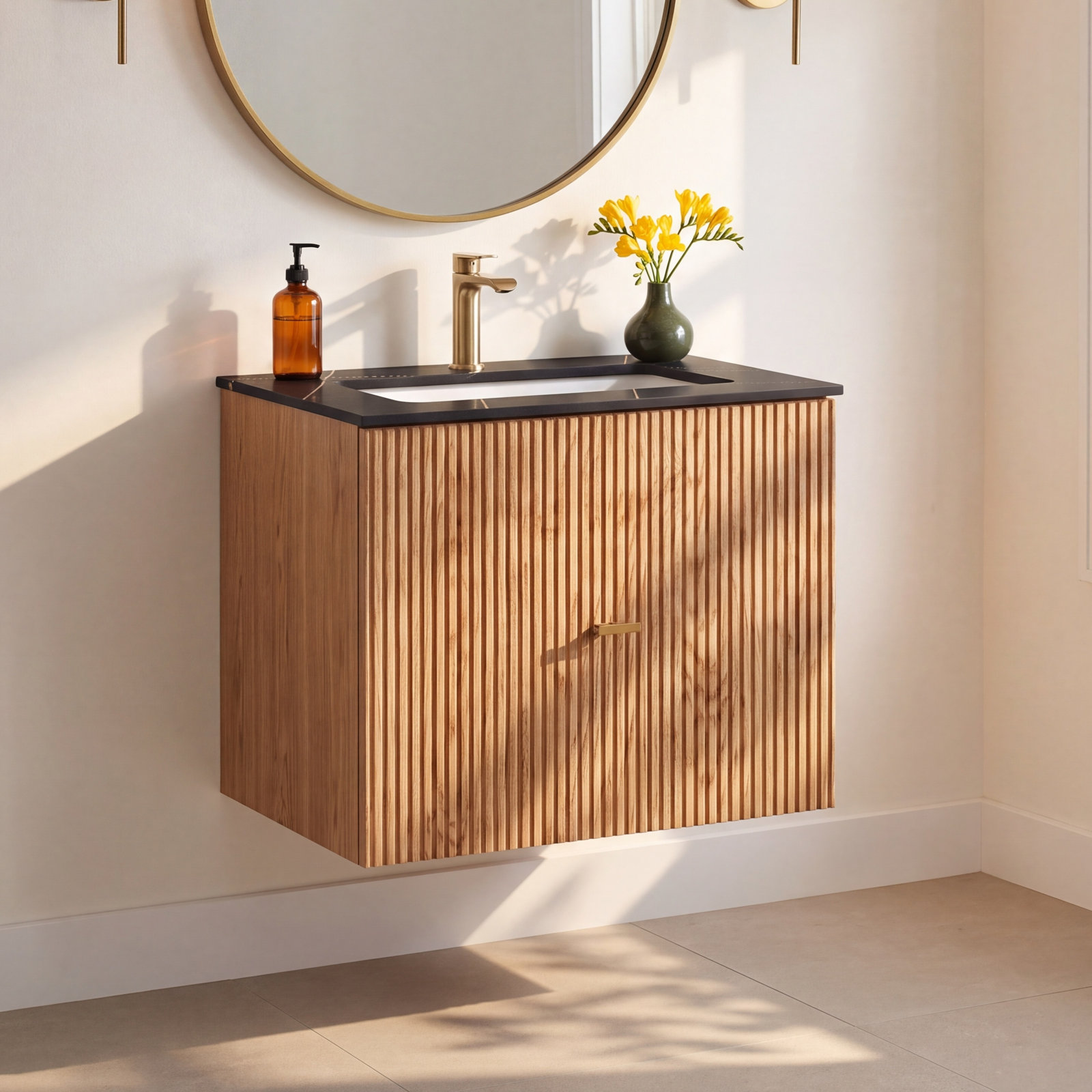 Jamell Single Bathroom Vanity, Natural Oak, Black