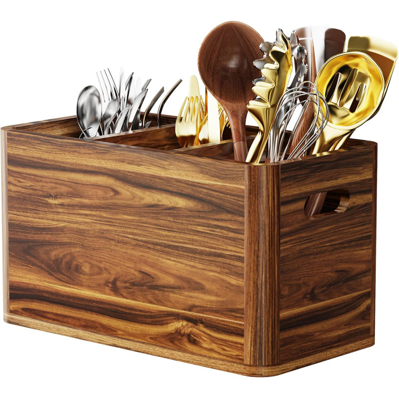 Porte-ustensiles en bois avec 3 compartiments, un comptoir ou un organisateur de cuisine mural pour les ustensiles de cuisine et le rangement pour l'argenterie