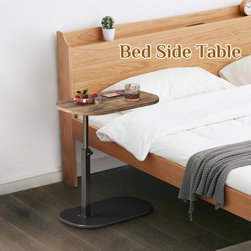 Adjustable Walnut and Black Metal C-Shaped Side Table