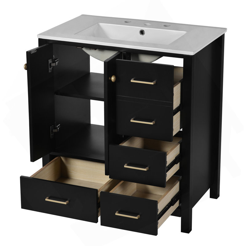 Ensemble de meuble-lavabo 30 po avec lavabo en céramique, meuble de rangement à structure en bois, ensemble de meuble-lavabo autoportant avec 4 tiroirs et portes à fermeture douce, noir