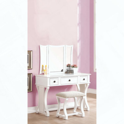 Bedroom Vanity Set W Stool Foldable Mirror Drawers White Color MDF Veneer 1Pc Vanity Furniture