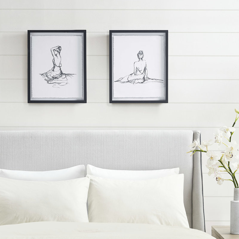 Croquis de décoration murale - 2 pièces en noir et blanc encadrées avec du papier à bords en verre