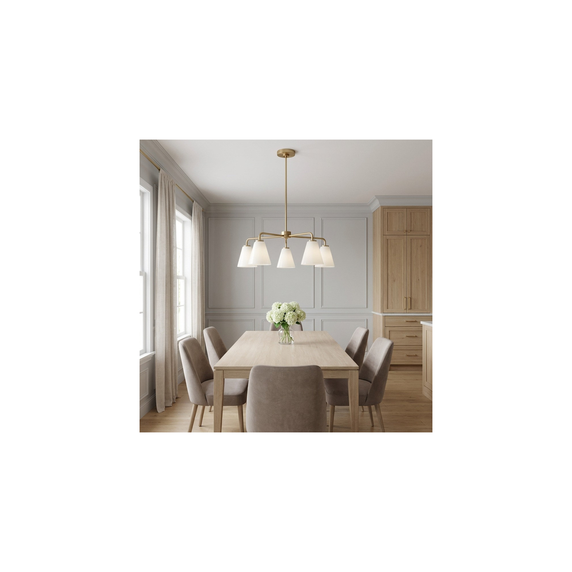 Hayden Five Light Chandelier, Satin Brass, White