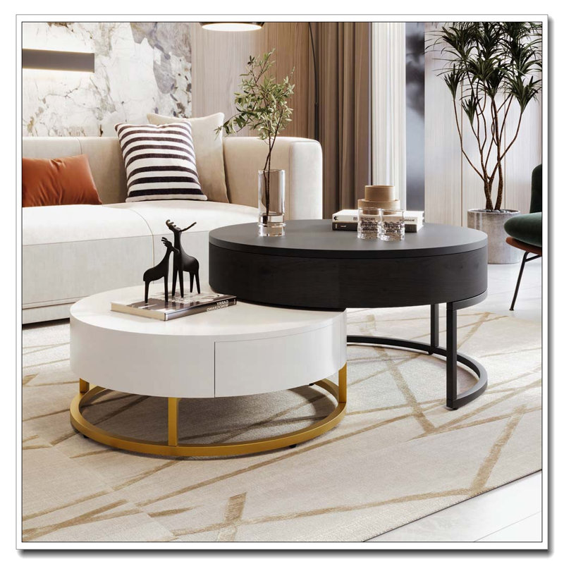 Tables basses gigognes rondes avec 2 tiroirs, Blanc/Noir