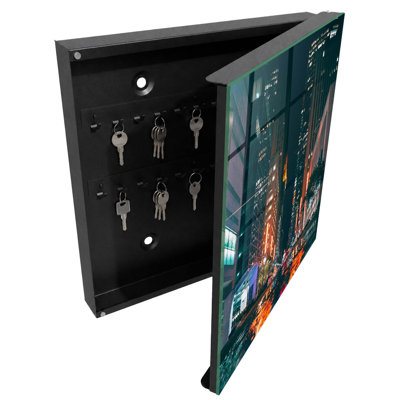 Key box for home, Opens to the right, 30x30x5, White, A night scene of the city full of energy, 