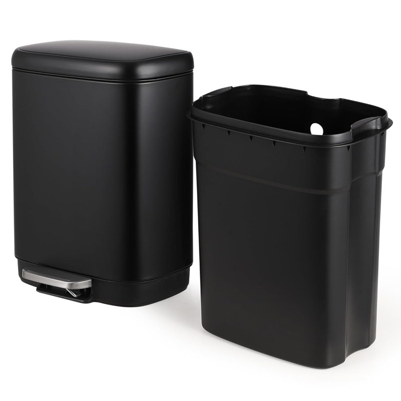 Poubelle en acier inoxydable 12L avec pédale, finition noire matte anti-traces de doigts, poubelle de cuisine et de salle de bain rectangulaire silencieuse avec seau intérieur