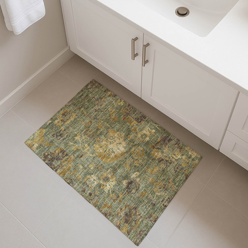 Machine Washable Indoor/Outdoor Chantille ACN2616 Floral Rug, 1'8" x 2'6", Olive