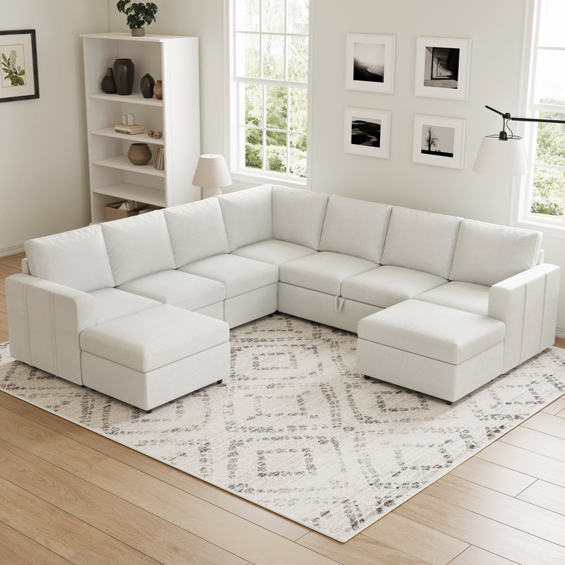 Aubade L Shaped 107 Inch Width Sectional Sofa Modular Couch Livingroom Couch With 2 Storage Ottomans, Beige Chenille