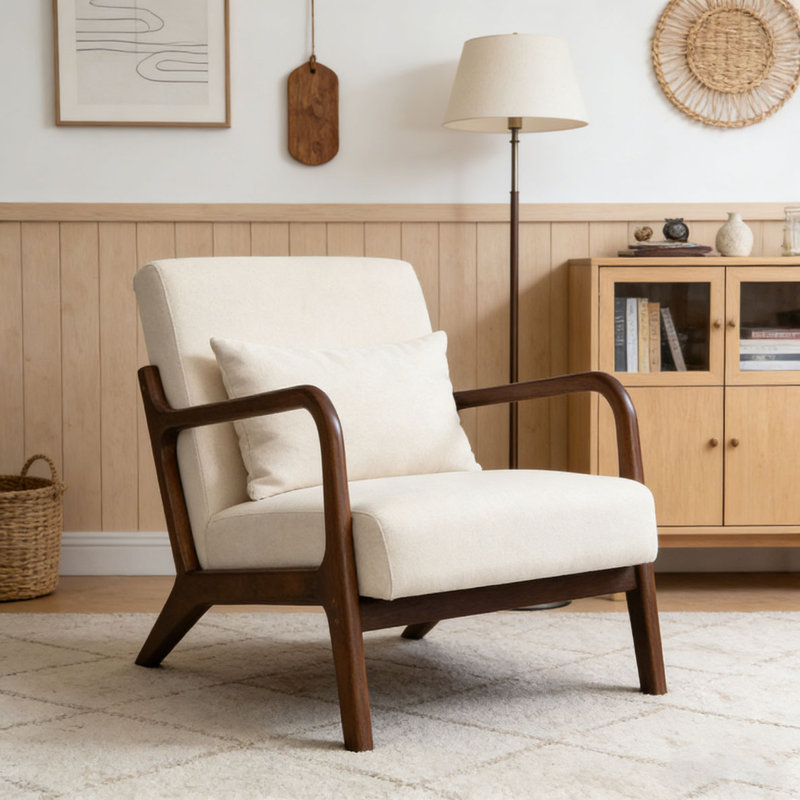 Chaise d'appoint moderne avec structure en bois, Lin de coton, Blanc