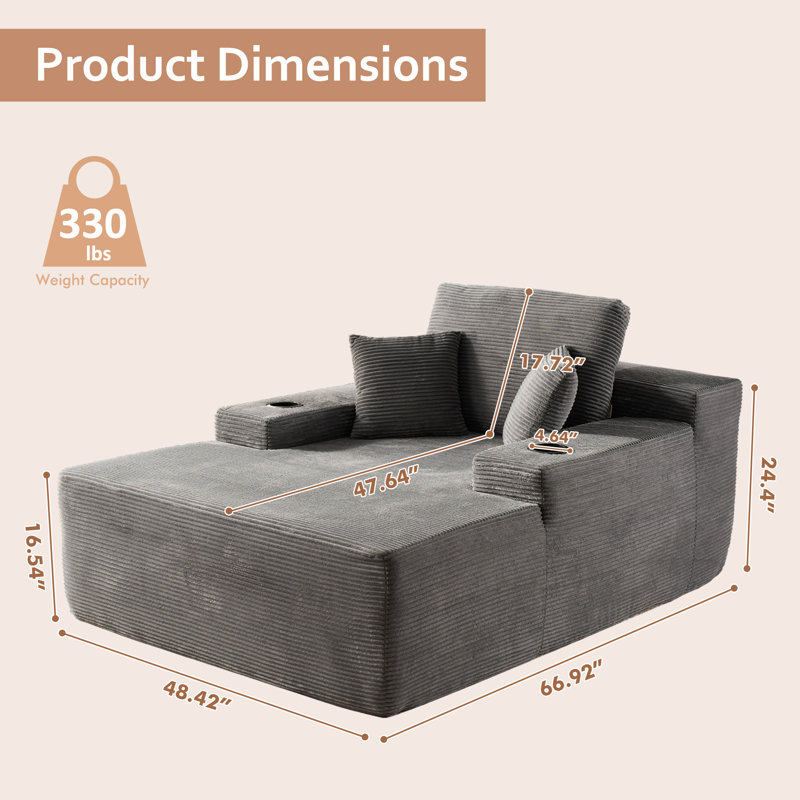 48.42'' Wide Oversized Upholstered Chaise Lounge Chair With Armrests, Pillows, And Cup Holder – No Assembly Required
