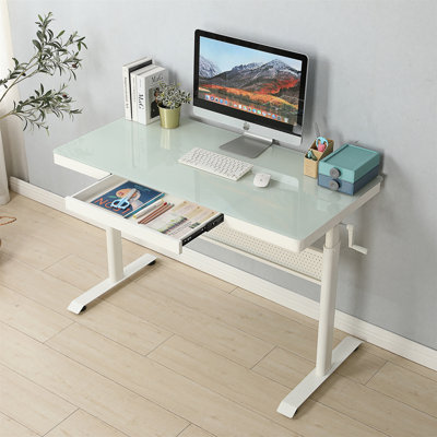 Bureau debout en verre trempé 48 po x 24 po avec tiroir en métal, bureau à hauteur ajustable, bureau à domicile assis, poste de travail ergonomique